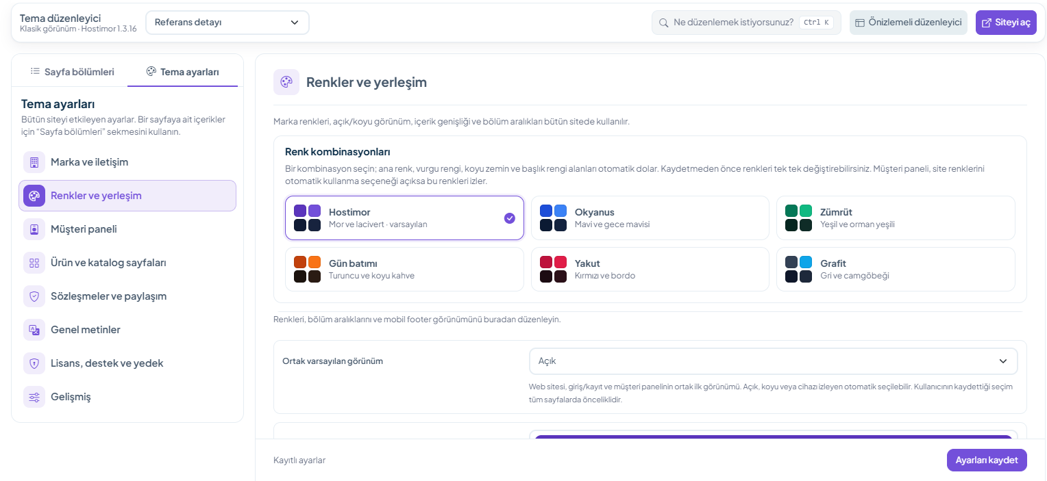 Theme settings · Colour combinations