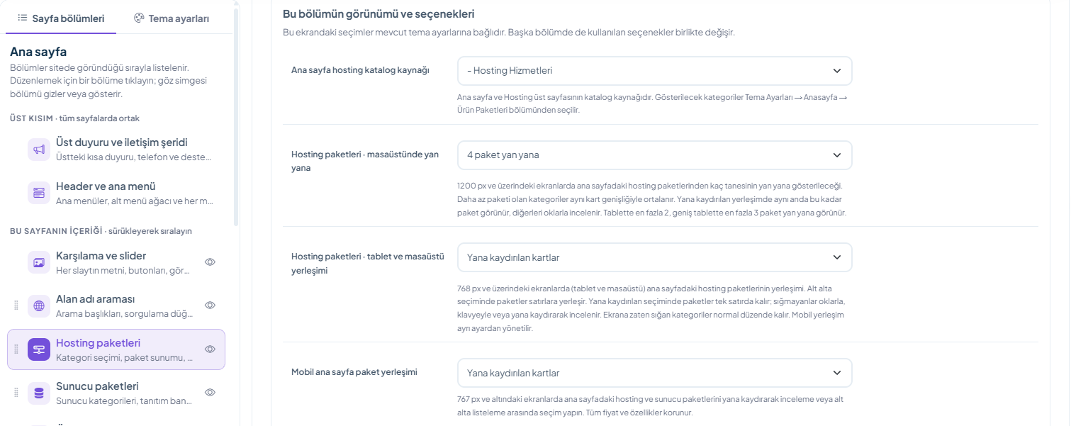 Hosting paketleri · Görünüm ve seçenekler (Hosting packages · Appearance and options)