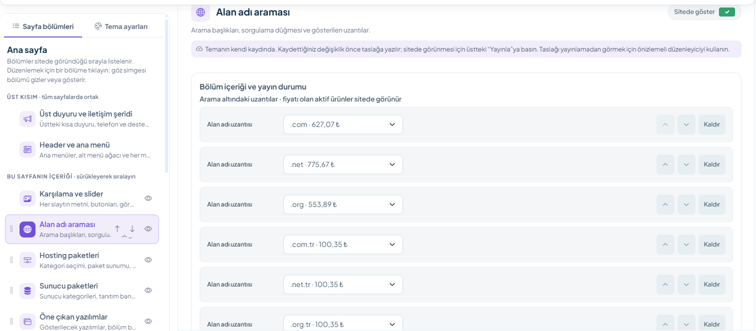 Alan adı araması (Domain search) · extensions are picked from a list with their prices